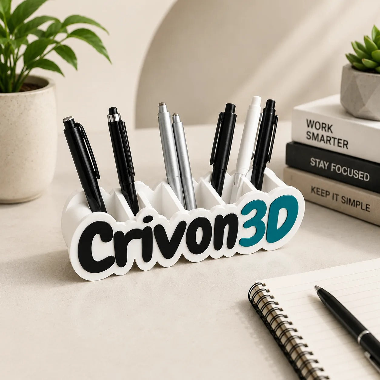 Customisable Name Plate with Pen Holder – Personalised 3D Printed Desk Nameplate | Crivon3d