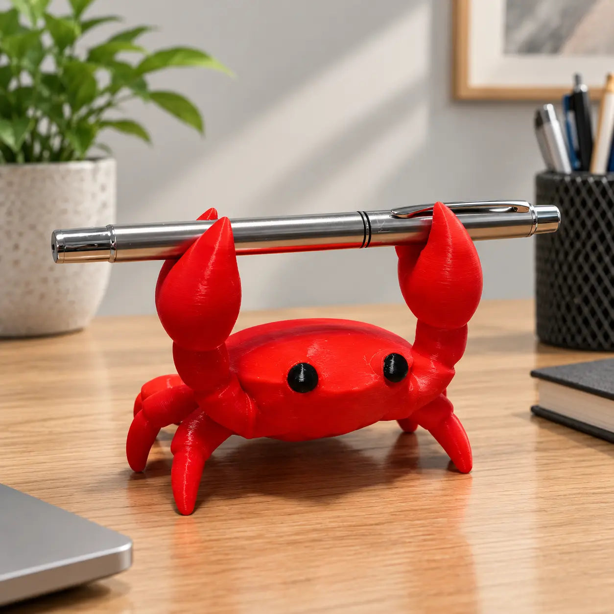 3D printed red crab pen holder with black eyes holding a silver pen between its raised claws on a wooden desk