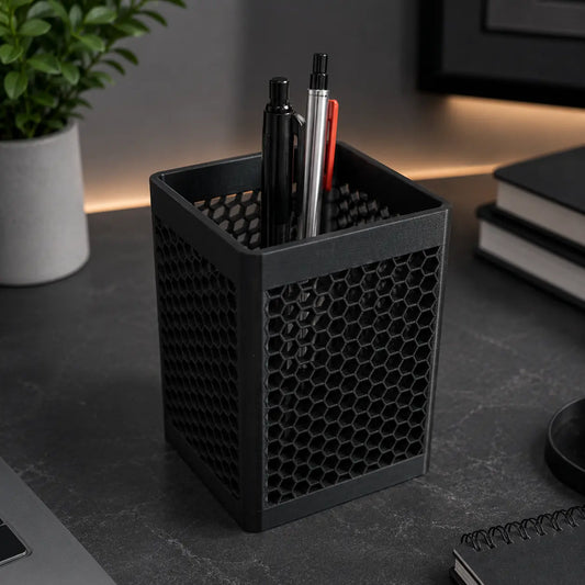 3D printed honeycomb hexagon mesh square pen holder in matte black holding pens and markers on a dark desk