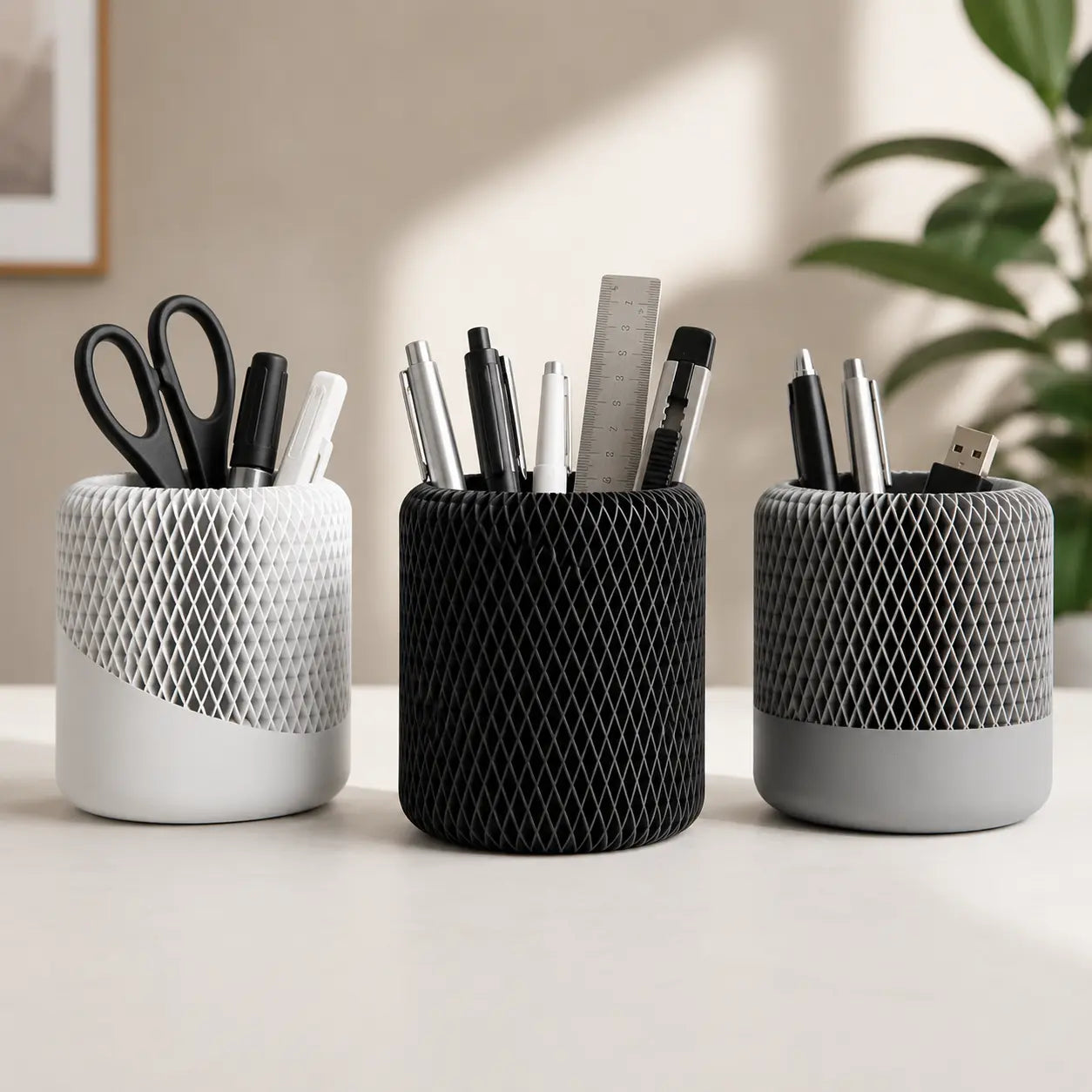 Three 3D printed diamond lattice pen holders in white, matte black, and dark grey on a desk holding pens, scissors, and stationery