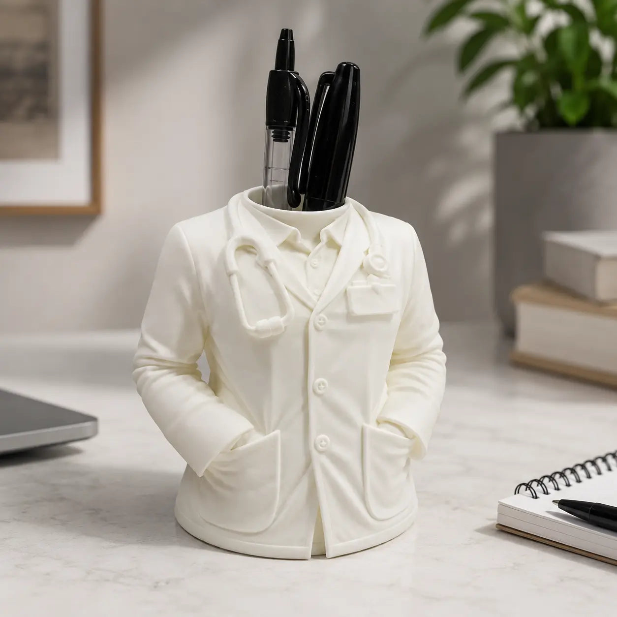 3D printed doctor lab coat pen holder in white with stethoscope detail holding black pens on a marble desk