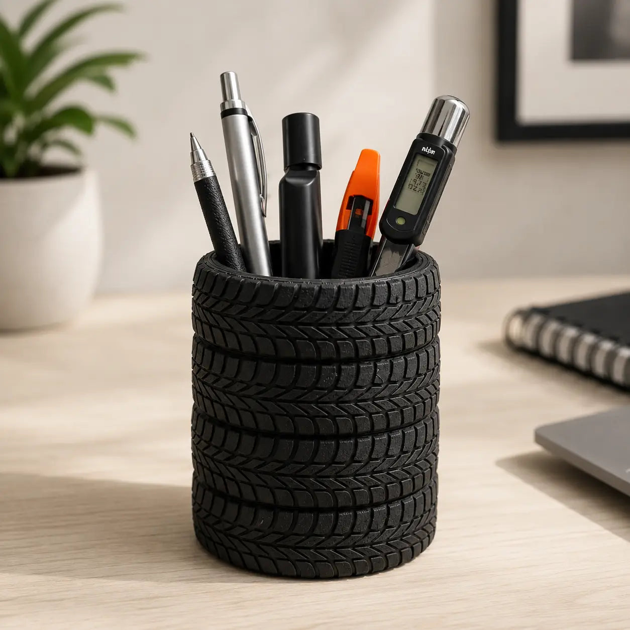 3D printed car tyre shaped pen holder in matte black with realistic directional tread pattern holding pens, markers and tools on a desk