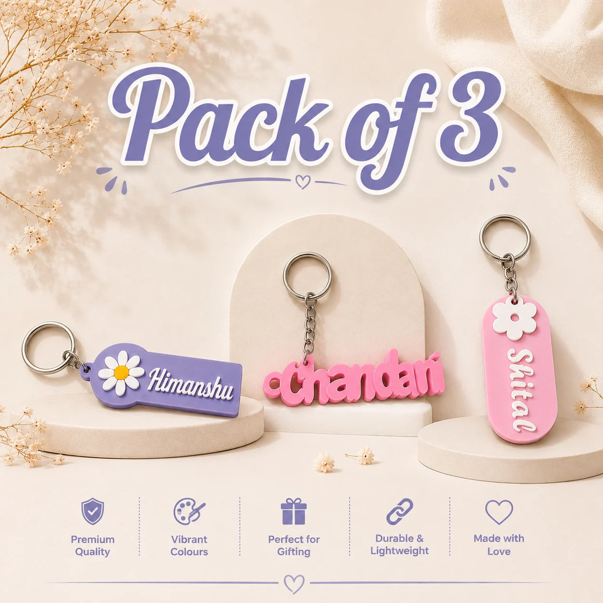 Pack of 3 Customized Name Keychains